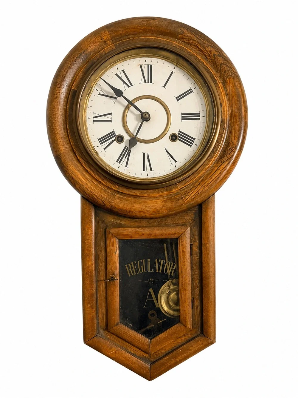 Antique Oak Regulator A Wall Clock – 8-Day Key Wind, Works Great!